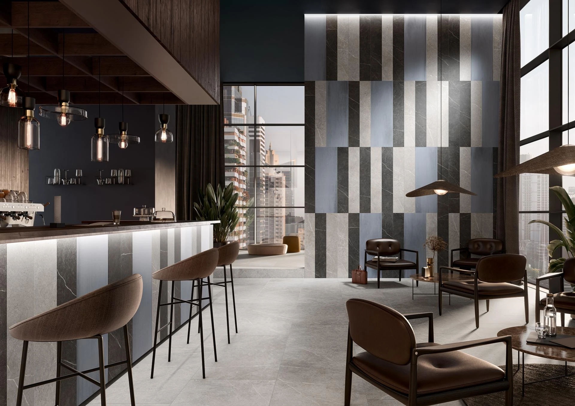 Wand Mix’n’Match Talo Y13595001 basalt, Talo Y13590001 earth 20×120 Feinsteinzeug, Maison Y12110001 blu 40×120 Steingut, 6mm; Boden Talo Y14015001 earth 60×120 Feinsteinzeug, 6mm