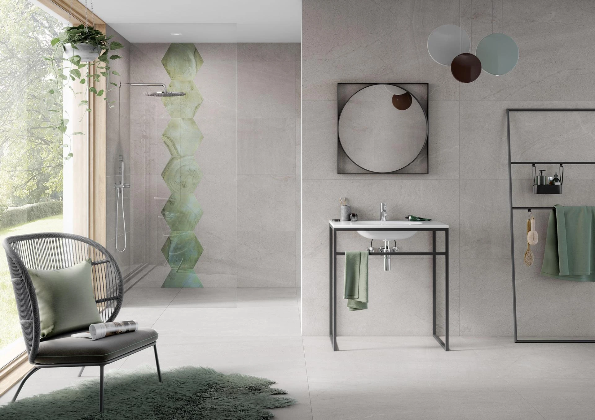 Wand: Frame Y12347001 Sixside field 40x46 Dekor, Hygge Y13485101 clay 60x120 Feinsteinzeug, Y13486001 clay 60x120 Schnittdekor / Anschlussfliese für Frame Sixside; Hygge Y13405101 clay 120×120 Feinsteinzeug, 6mm