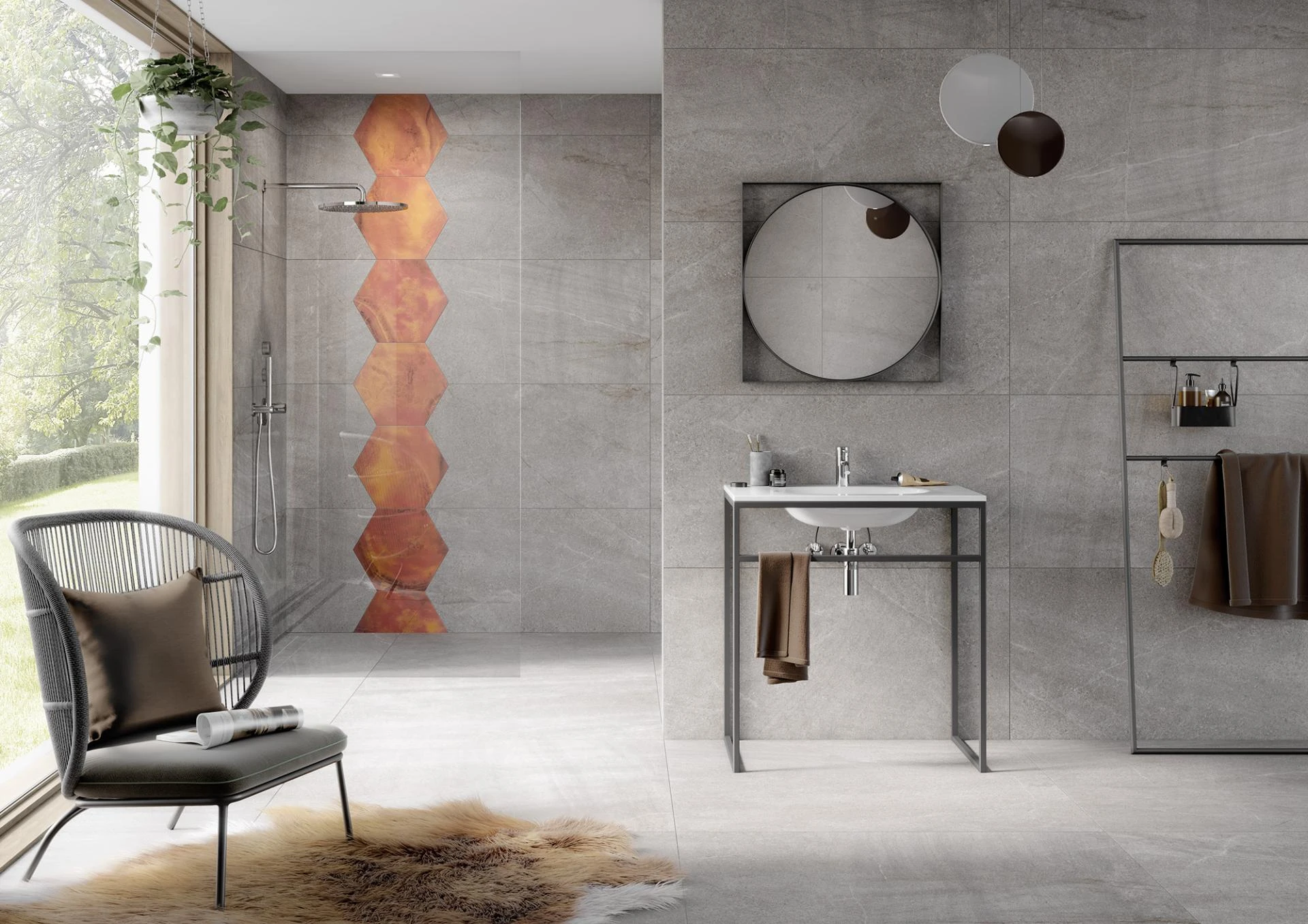 Wand: Frame Y12349001 Sixside earth 40×46 Dekor, Hygge Y13495101 lava 60×120 Feinsteinzeug, Y13496001 lava 60×12 Schnittdekor / Anschlussfliese für Frame Sixside; Boden: Hygge Y13415101 lava 120×120 Feinsteinzeug, 6mm