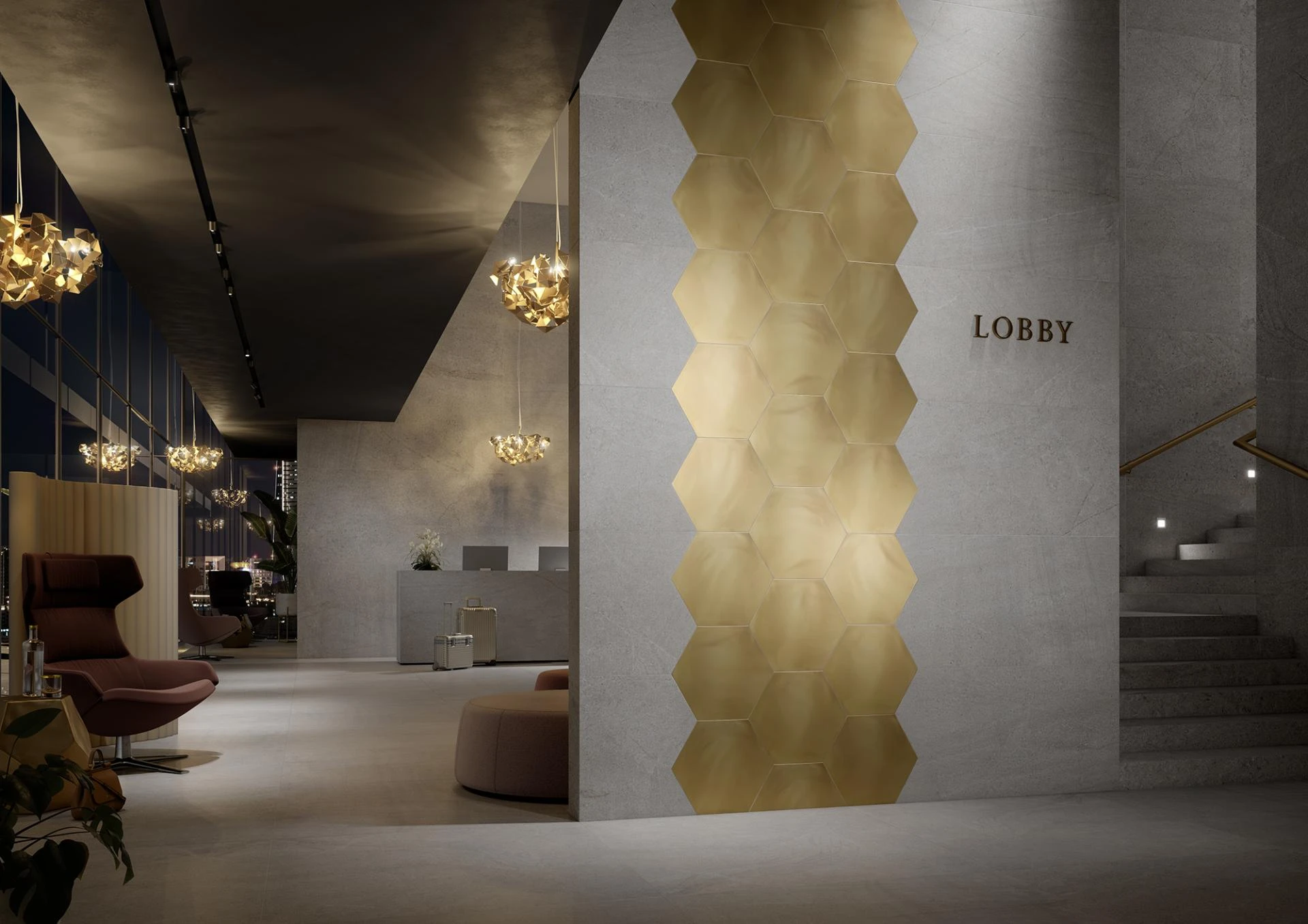 Hygge #6MM Y13491001 kiesel 60×120 Schnittdekor; Frame #6MM Y12350001 Sixside Relief gold 40×46 Steingut Dekor, 6mm