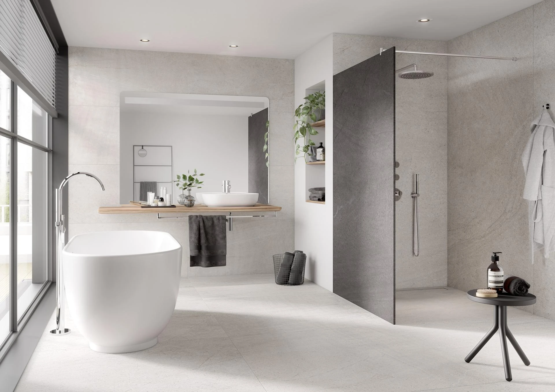 Wand und Boden: Hygge #6MM Y13410101 kiesel 120×120 Feinsteinzeug, 6mm; Kerbon Duschabtrennung Y-K10015 basalt 120×200 Duschwand