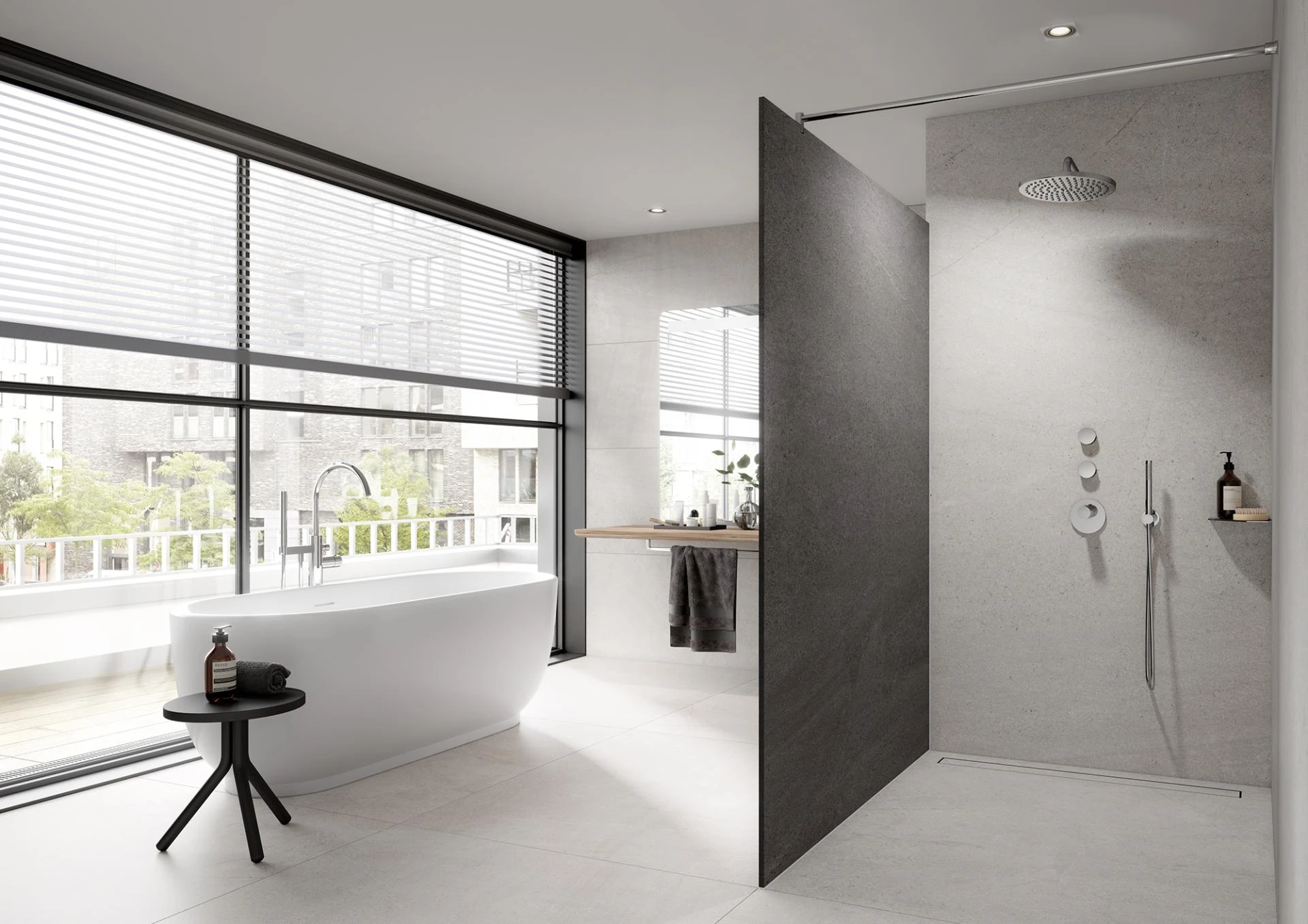 Wand und Boden: Hygge #6MM Y13410101 kiesel 120×120 Feinsteinzeug, 6mm; Kerbon Duschabtrennung Y-K10015 basalt 120×200 Duschwand