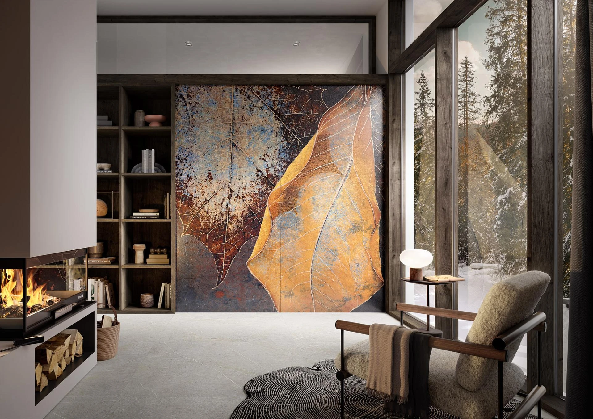 Season #6MM Y13500001 autum 120×260 Feinsteinzeug, 6mm, 2-teilig; Boden: Talo Y13570001 earth 120×120 Feinsteinzeug, 6mm