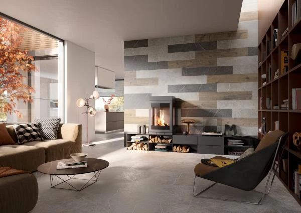 Mix’n’Match Wand Talo Y13585001 clay, Chalet Y66575101 cognac 20×120 Feinsteinzeug, 6mm; Boden Talo Y14010001 clay 60×120 Feinsteinzeug, 6mm