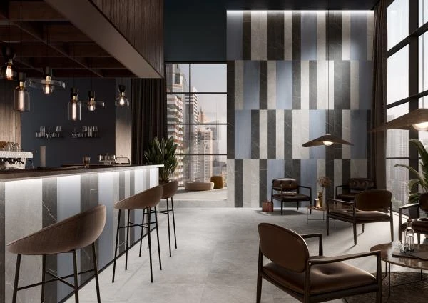 Wand Mix’n’Match Talo Y13595001 basalt, Talo Y13590001 earth 20×120 Feinsteinzeug, Maison Y12110001 blu 40×120 Steingut, 6mm; Boden Talo Y14015001 earth 60×120 Feinsteinzeug, 6mm