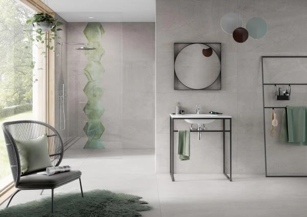 Wand: Frame Y12347001 Sixside field 40x46 Dekor, Hygge Y13485101 clay 60x120 Feinsteinzeug, Y13486001 clay 60x120 Schnittdekor / Anschlussfliese für Frame Sixside; Hygge Y13405101 clay 120×120 Feinsteinzeug, 6mm