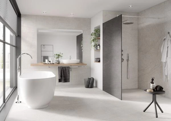 Wand und Boden: Hygge #6mm Y13410101 Kiesel 120x120 Feinsteinzeug, 6mm; Kerbon Duschabtrennung Y-K10015 basalt 120x200 Duschwand